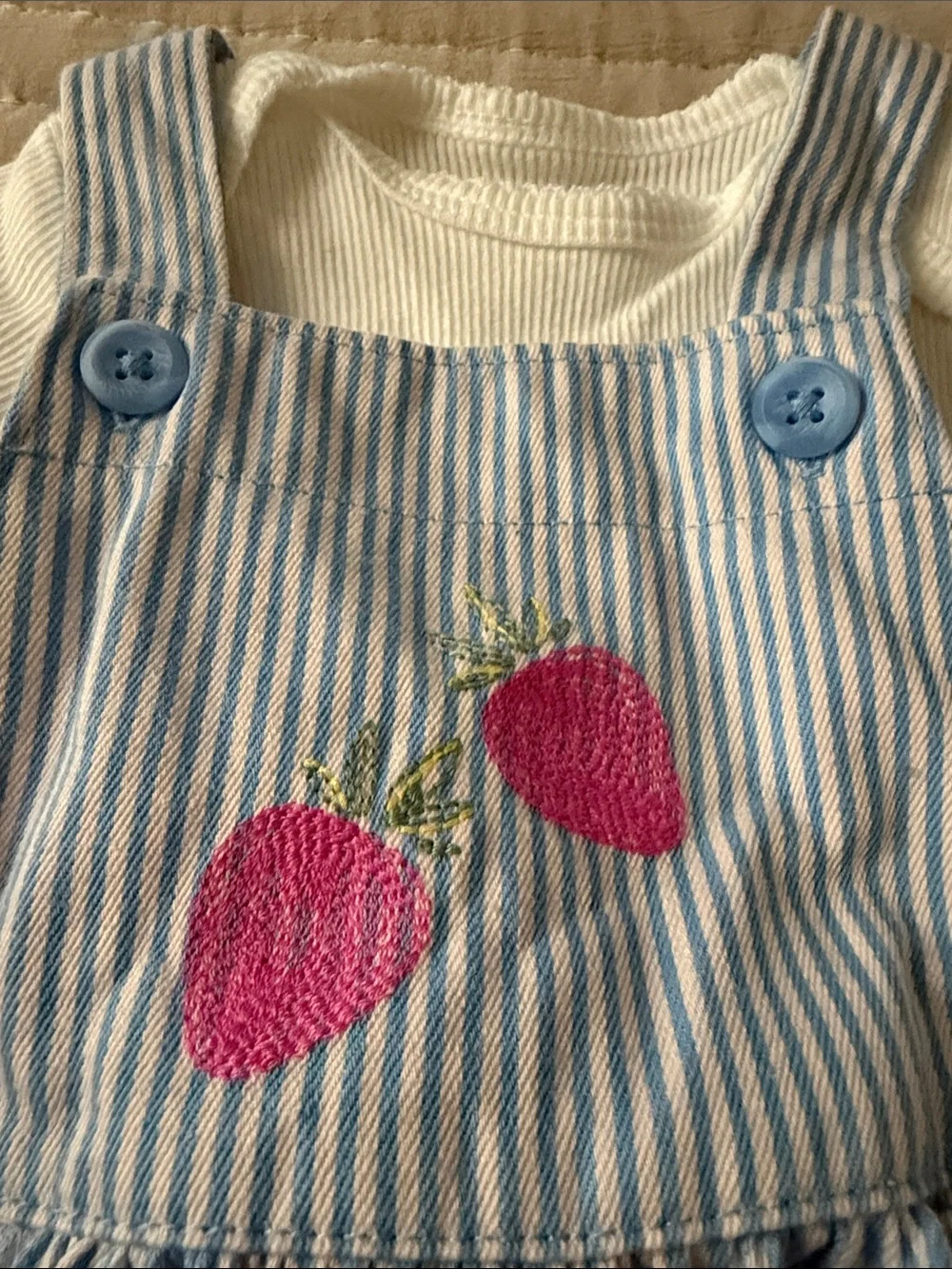 3 MONTHS Striped Blue Pinafore Dress with Pink Strawberry Embroidery